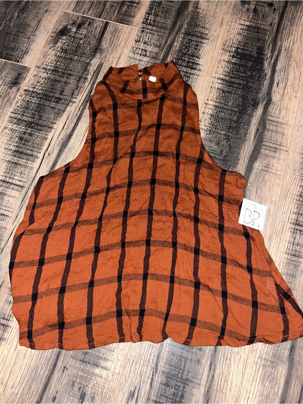 bp Rust Orange and Black Plaid Mock Neck Tank